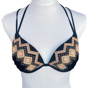 Shade & Shore‎ Bikini Swim Top, 36B, Halter, Black w Studs Embroidery Underwire